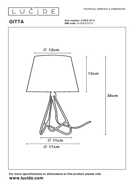 Lucide GITTA - Lámpara de mesa - Ø 17 cm - 1xE14 - Cromo - técnico